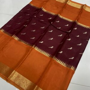 Banarasi Semi Silk Saree in Orange with Maroon featuring 3D Bird Weaves