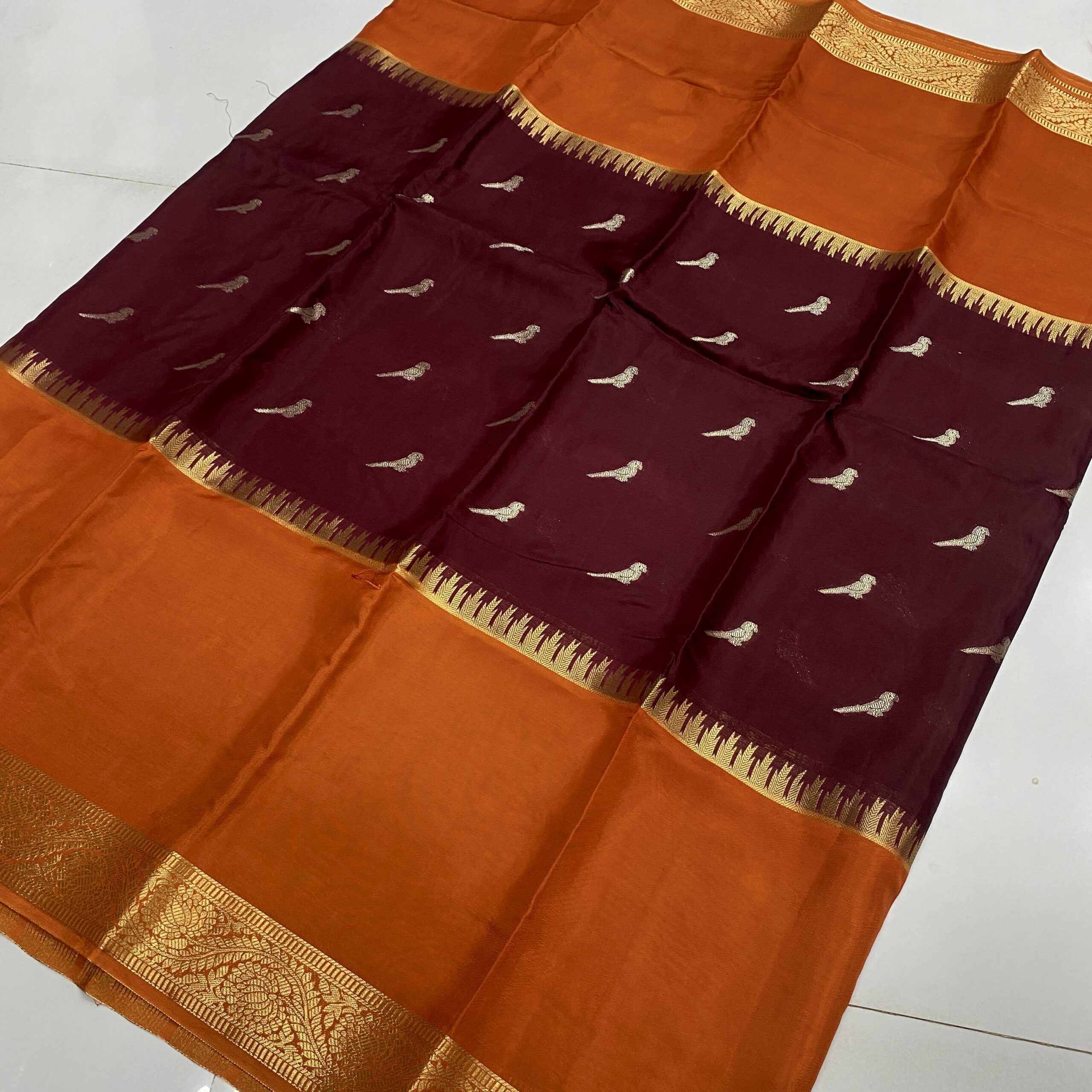 Banarasi Semi Silk Saree in Orange with Maroon featuring 3D Bird Weaves