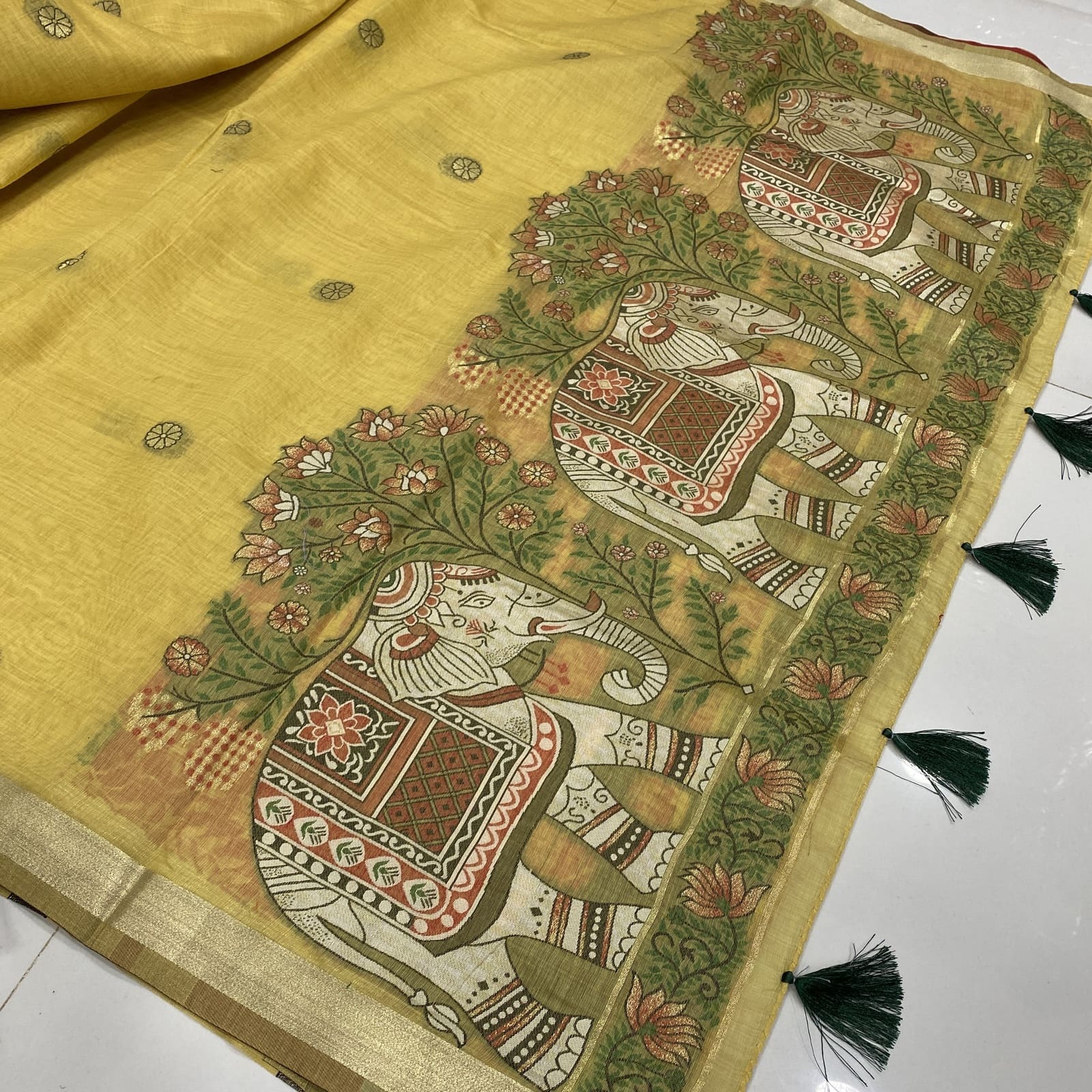 Yellow Chanderi Saree Elephant Woven Zari Pallu