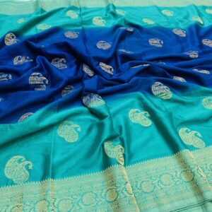 Navy with rama chinnon crushed saree featuring 2D mango weaves butti design