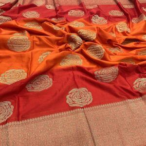 Orange and red chinnon crushed saree with 2D concept and flower weaves butti design