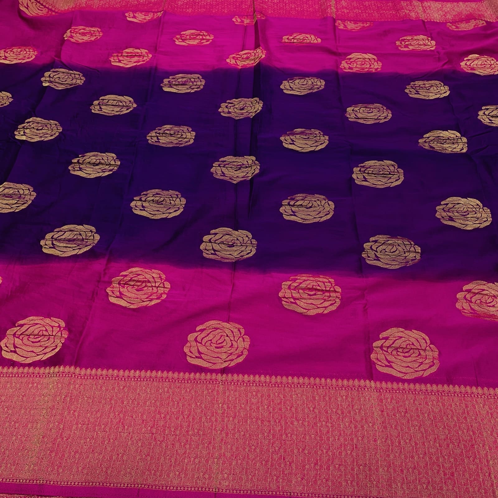 Purple and rani chinnon crushed saree with 2D concept and flower weaves butti design open view