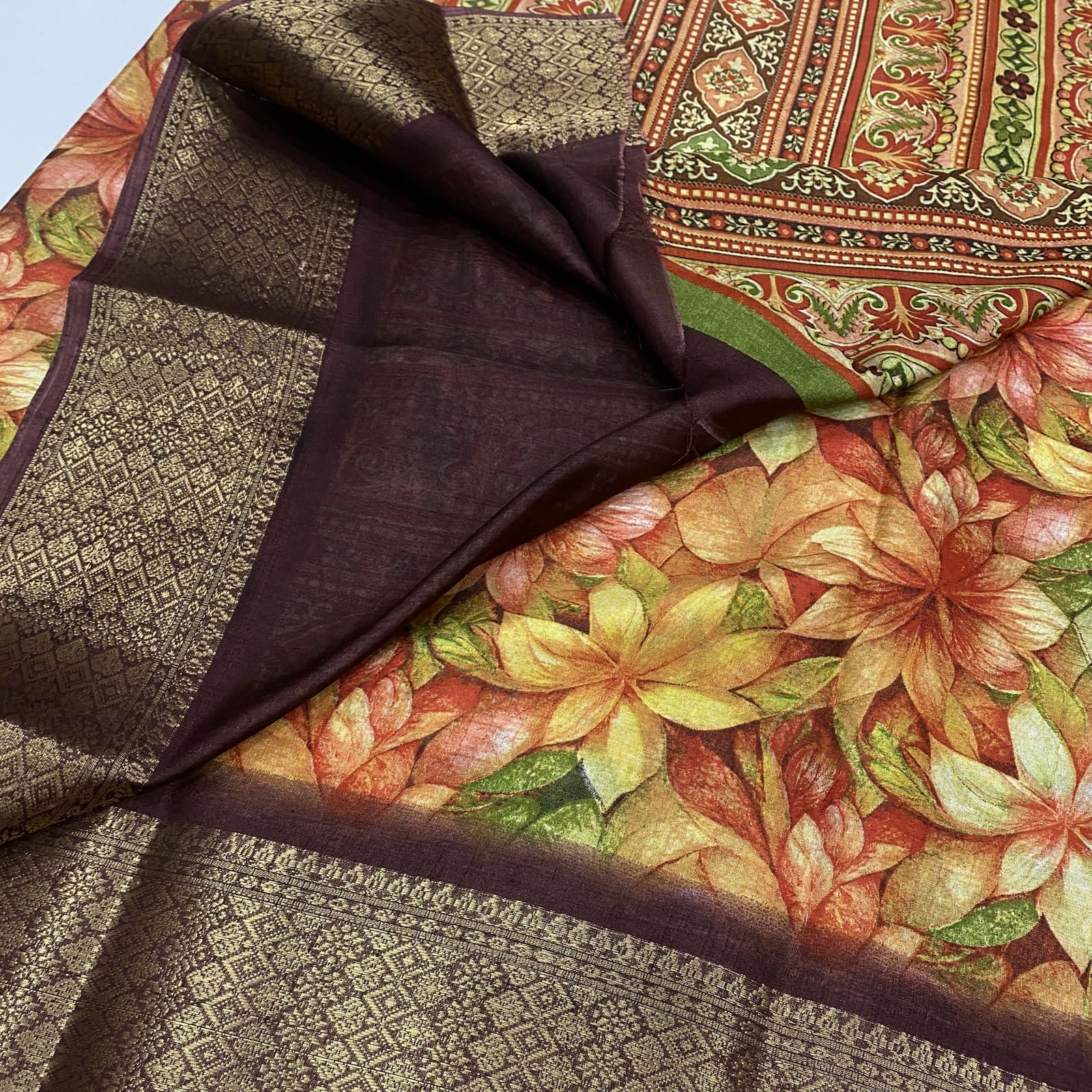 Brown Dola Silk Saree Contrast Blouse