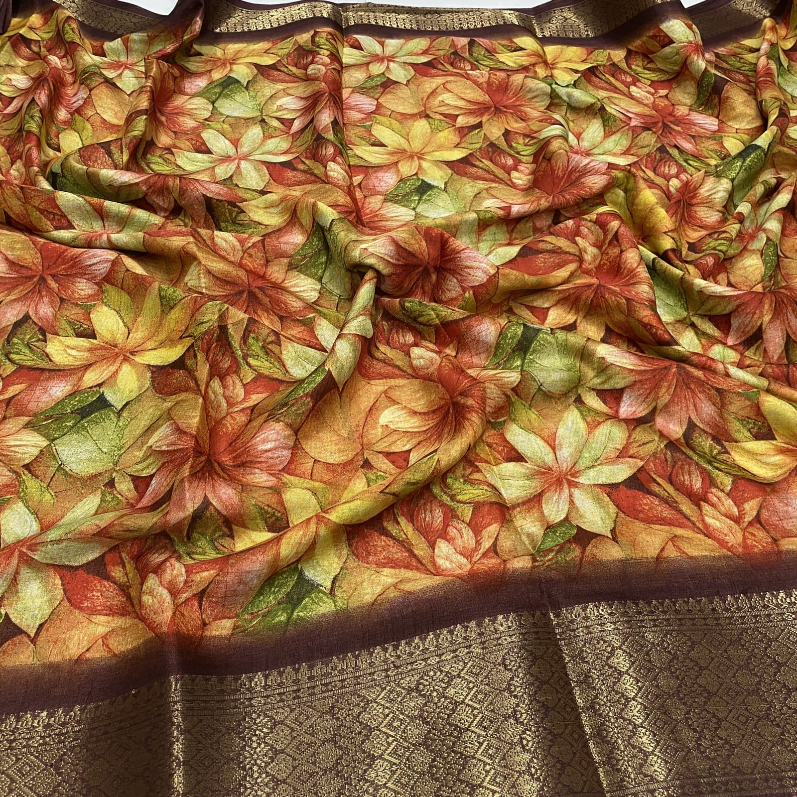 Dola Silk Saree in Brown with Floral Print and Kanchi Border