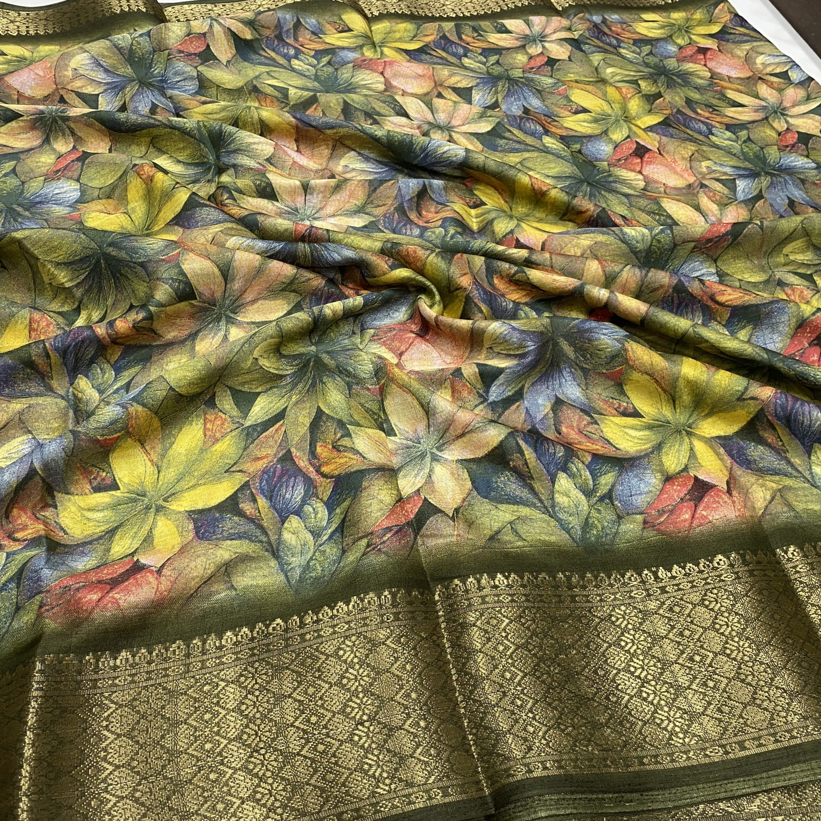 Dola Silk Saree in Olive Green with Floral Print and Kanchi Border