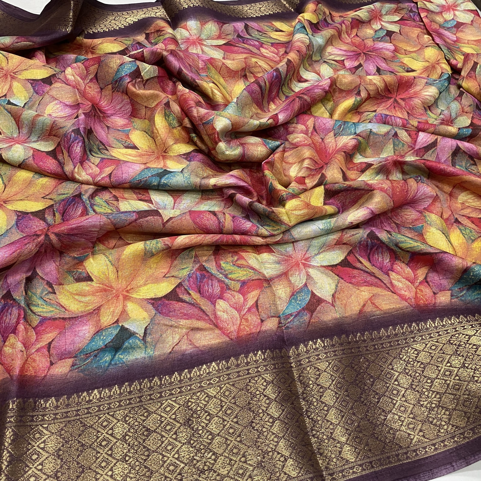 Dola Silk Saree in Wine with Floral Print and Kanchi Border