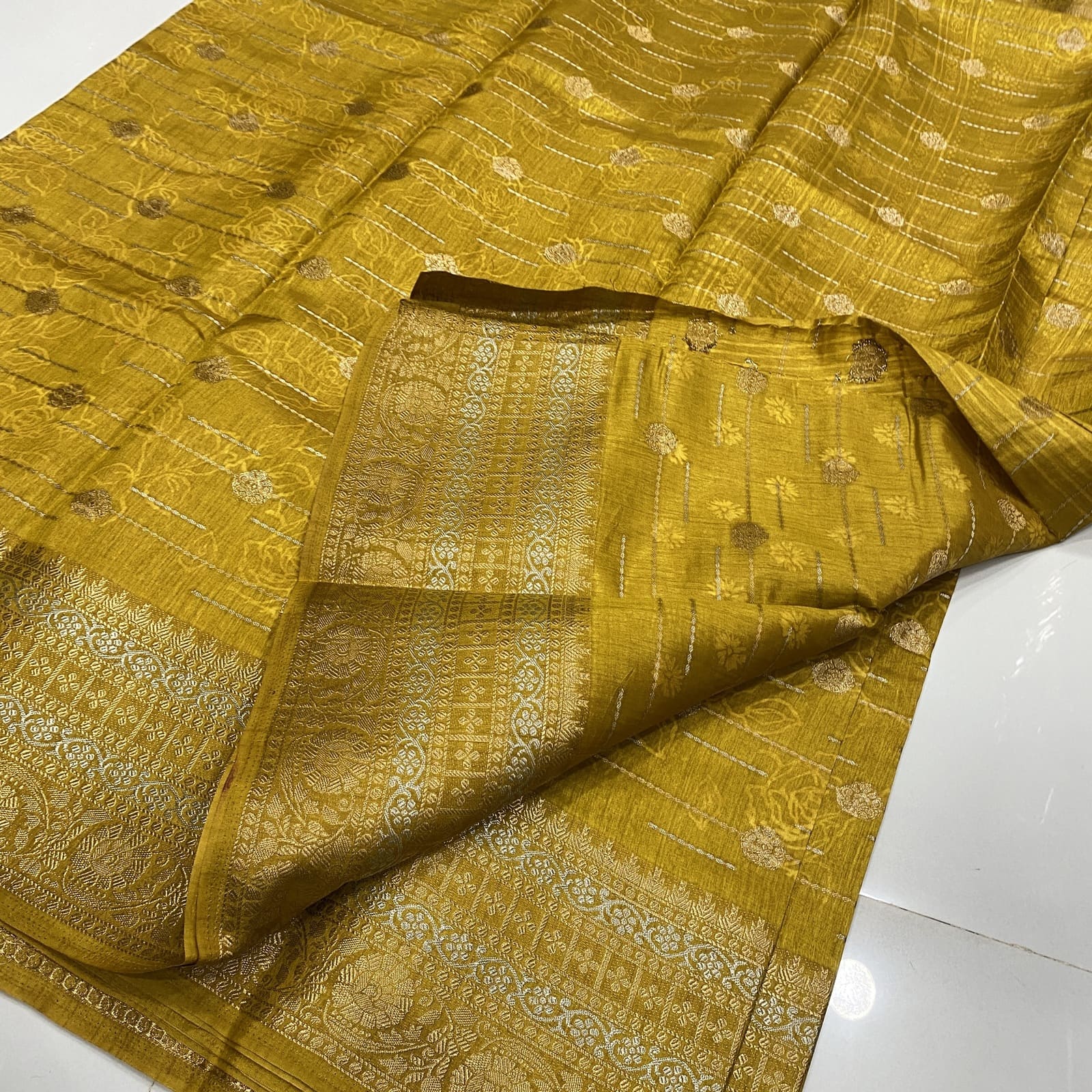 Mustard Dola Tussar Semi Saree Matching Blouse