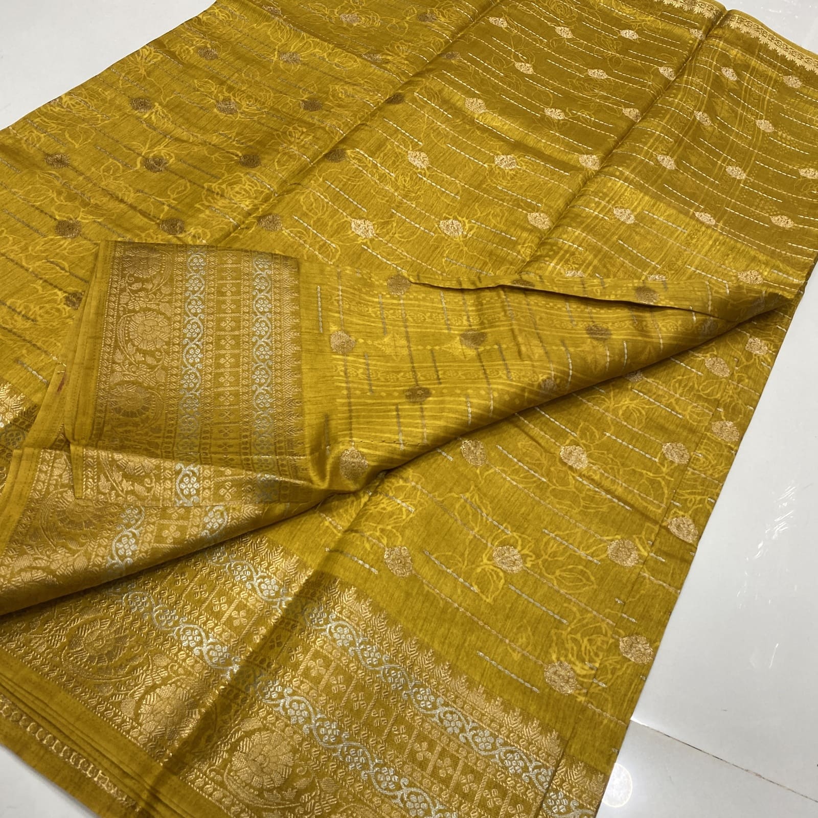 Mustard Dola Tussar Semi Saree Silver Zari Pallu