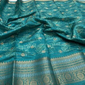 Dola Tussar Semi Saree in Rama Blue with Floral Emboss Design