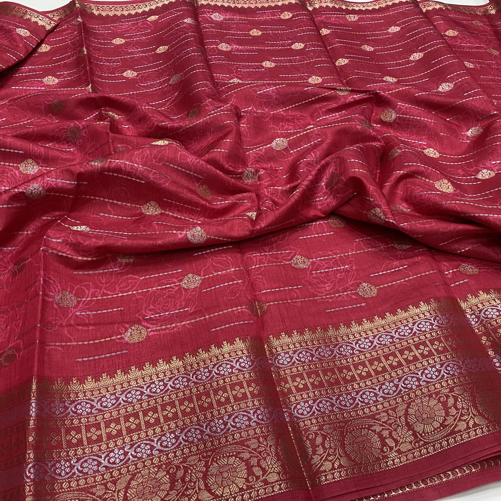 Dola Tussar Semi Saree in Strawberry with Floral Emboss Design