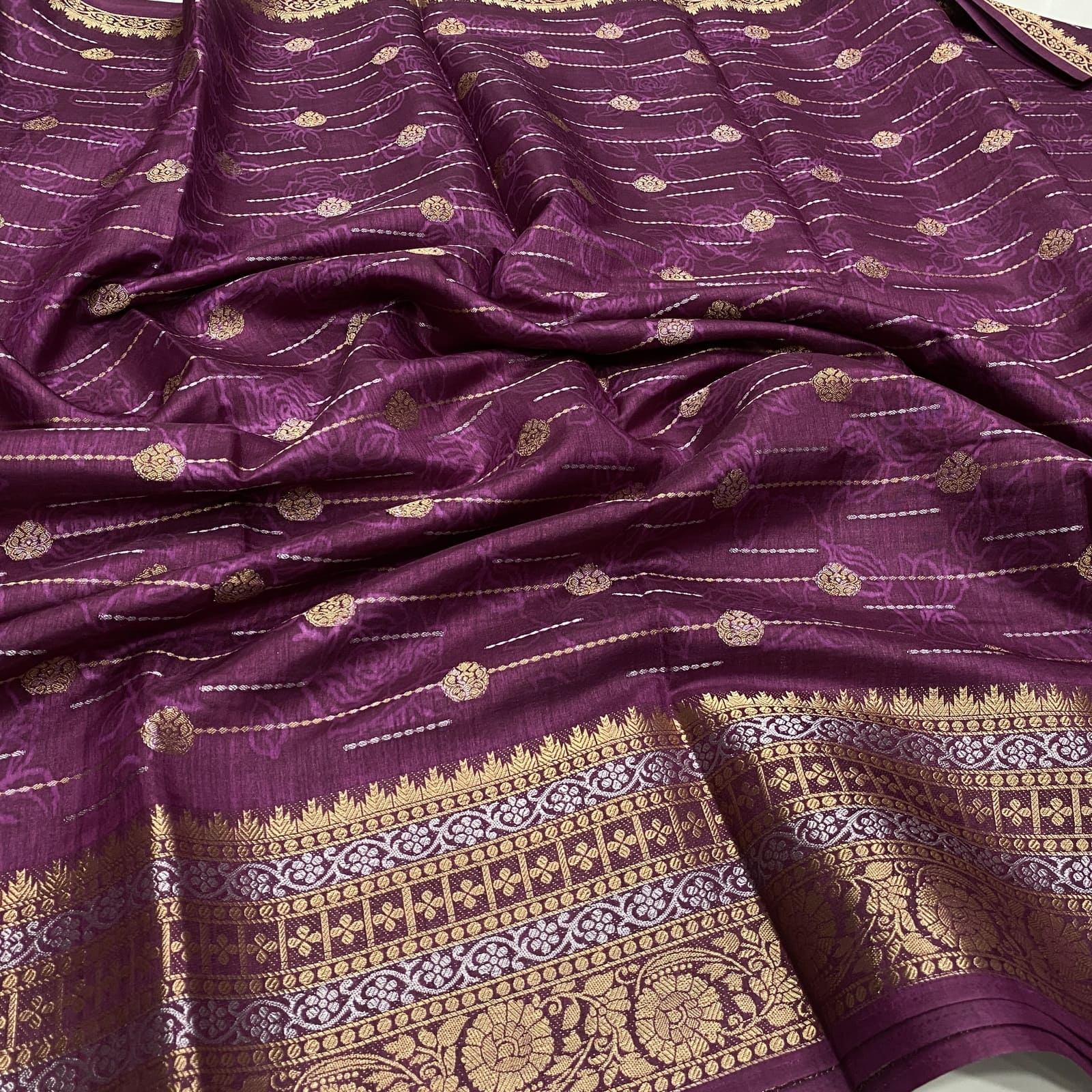 Dola Tussar Semi Saree in Wine with Floral Emboss Design