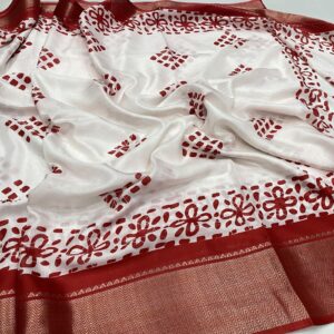 Double Polish Dola Silk saree in White and Red with multi color Bandhani print