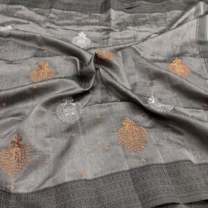 Dupion Silk Annam Embroidery Saree in Grey