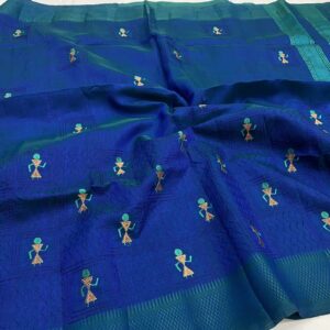 Dupion Silk Saree in Peacock Blue with Warli Embroidery