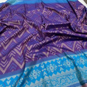 Ikat Chevron Zari Temple Border Saree in Purple