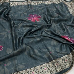 Khatha tussar work saree in smokey teal with floral vine meena border and faux mirror accents