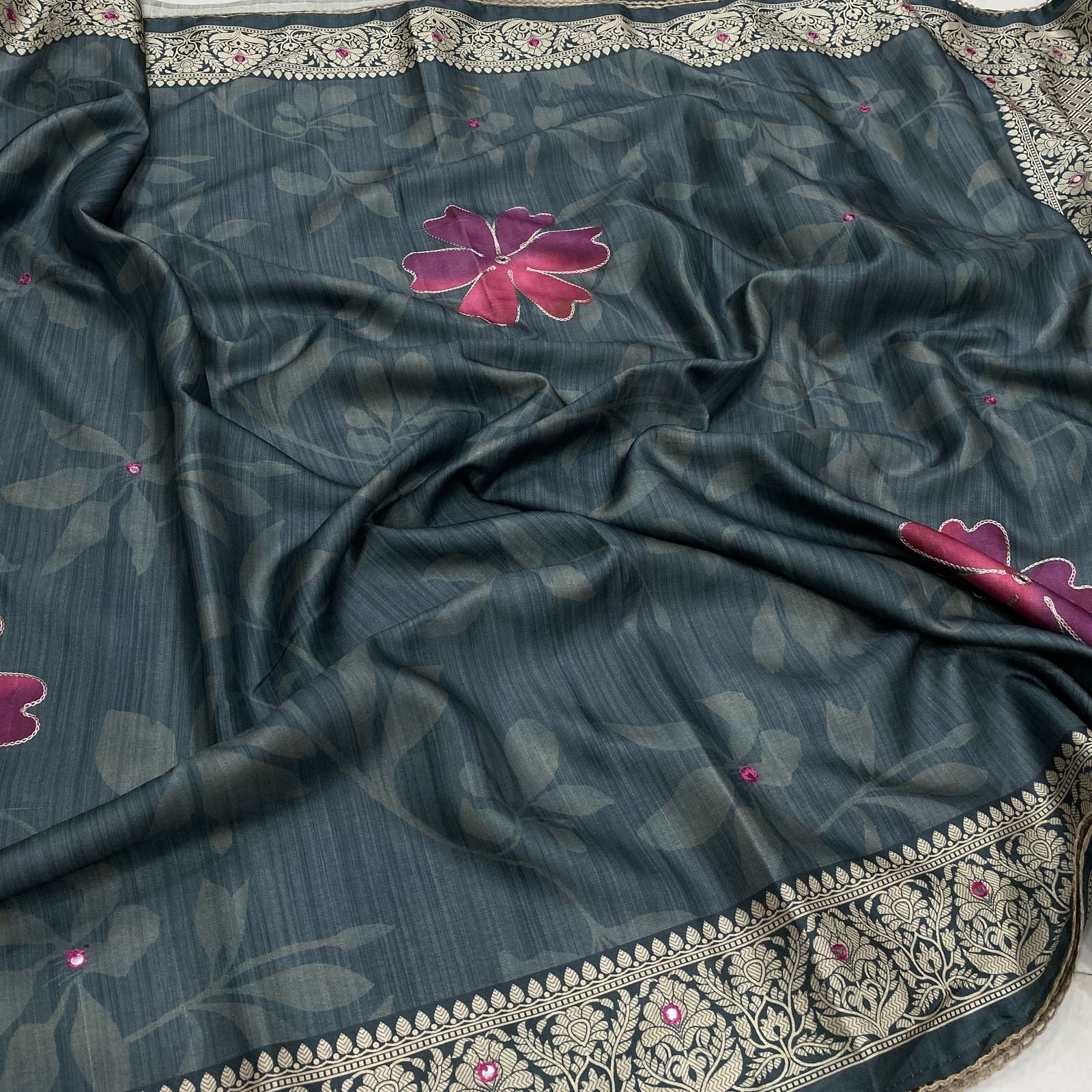 Khatha tussar work saree in smokey teal with floral vine meena border and faux mirror accents
