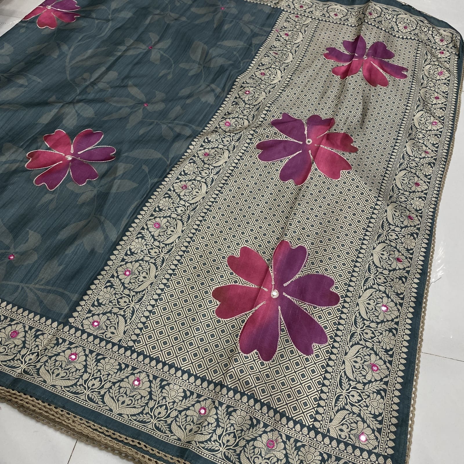 Smokey teal khatha tussar saree designer pallu with geometric weave and floral motifs