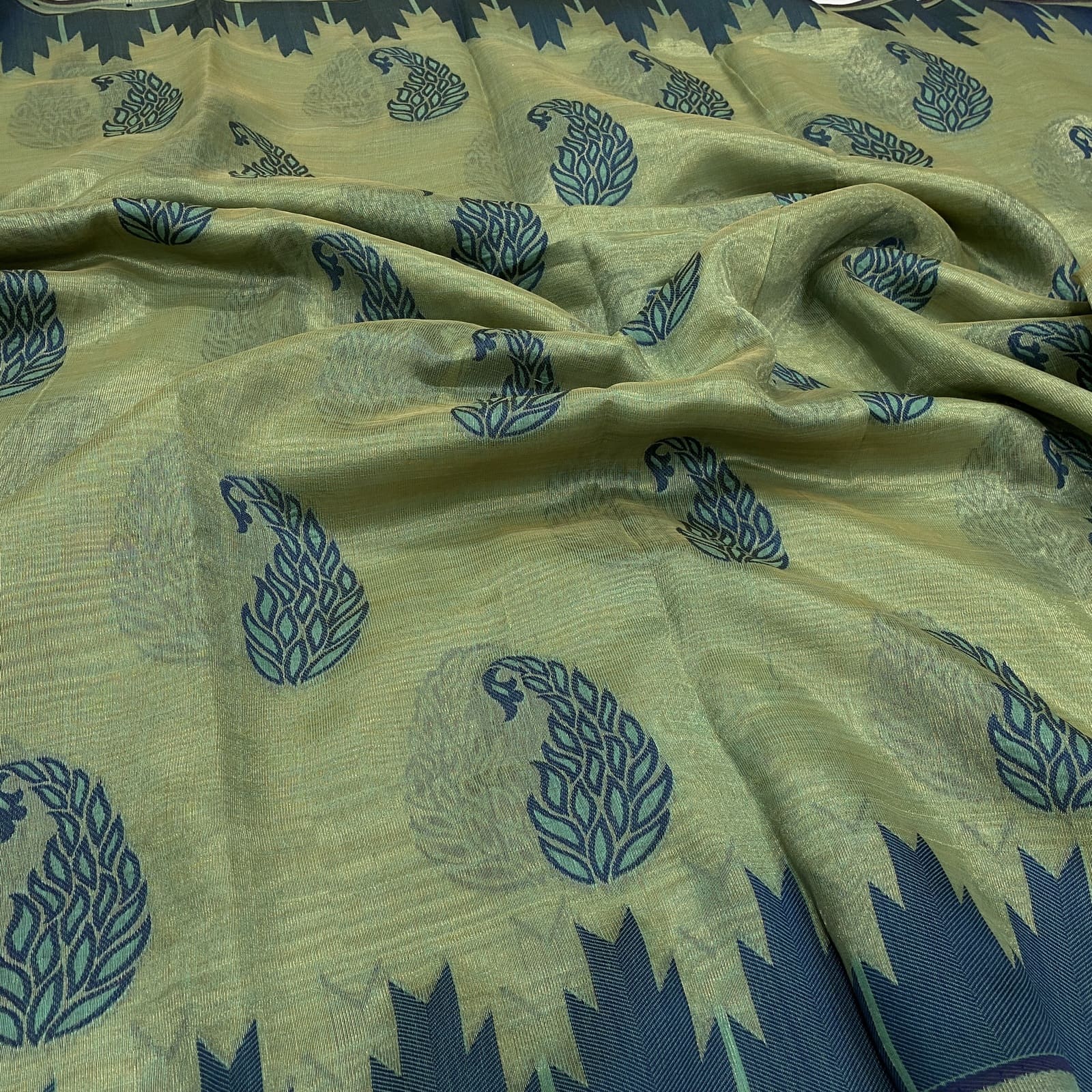 Kota Tissue Saree in Green with Mango Weaves and Temple Border