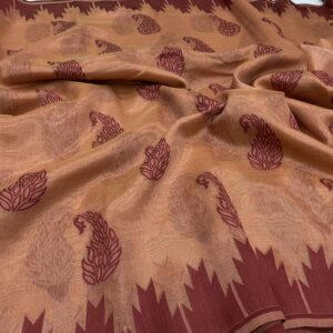 Kota Tissue Saree in Peach with Mango Weaves and Temple Border