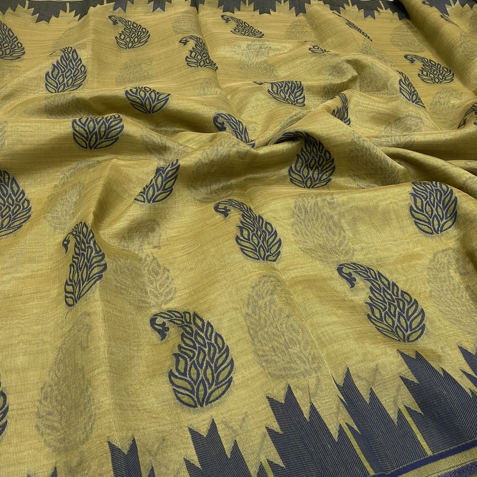 Kota Tissue Saree in Yellow with Mango Weaves and Temple Border