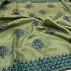 Kota Tissue Saree in Pista with Navy featuring Tree Weaves