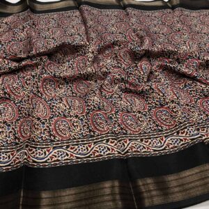 Mal Chanderi Black saree with traditional floral printed design and contrast border