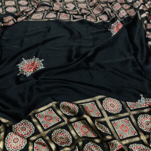 Model Satin Silk Foil Print Border Saree in Black