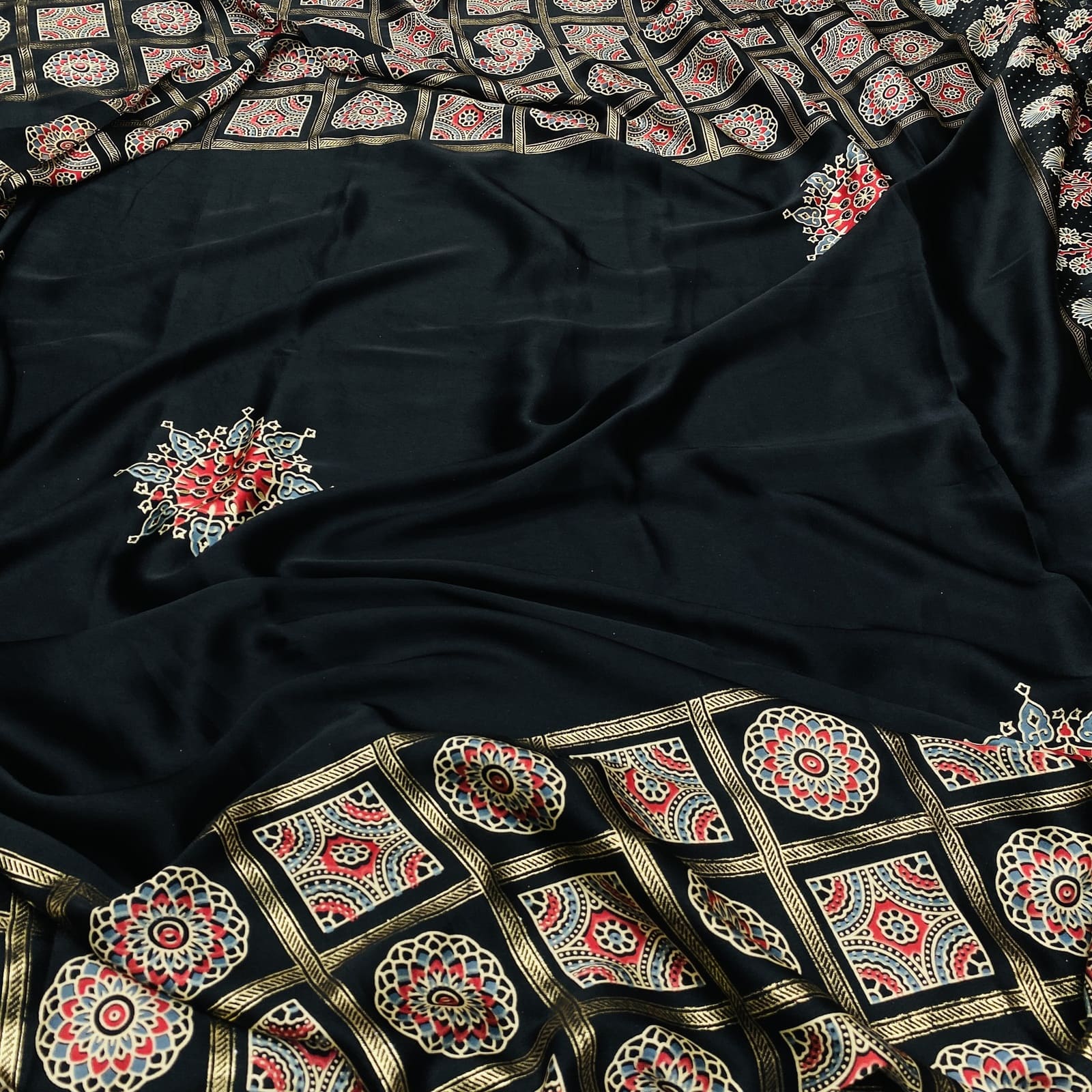 Model Satin Silk Foil Print Border Saree in Black