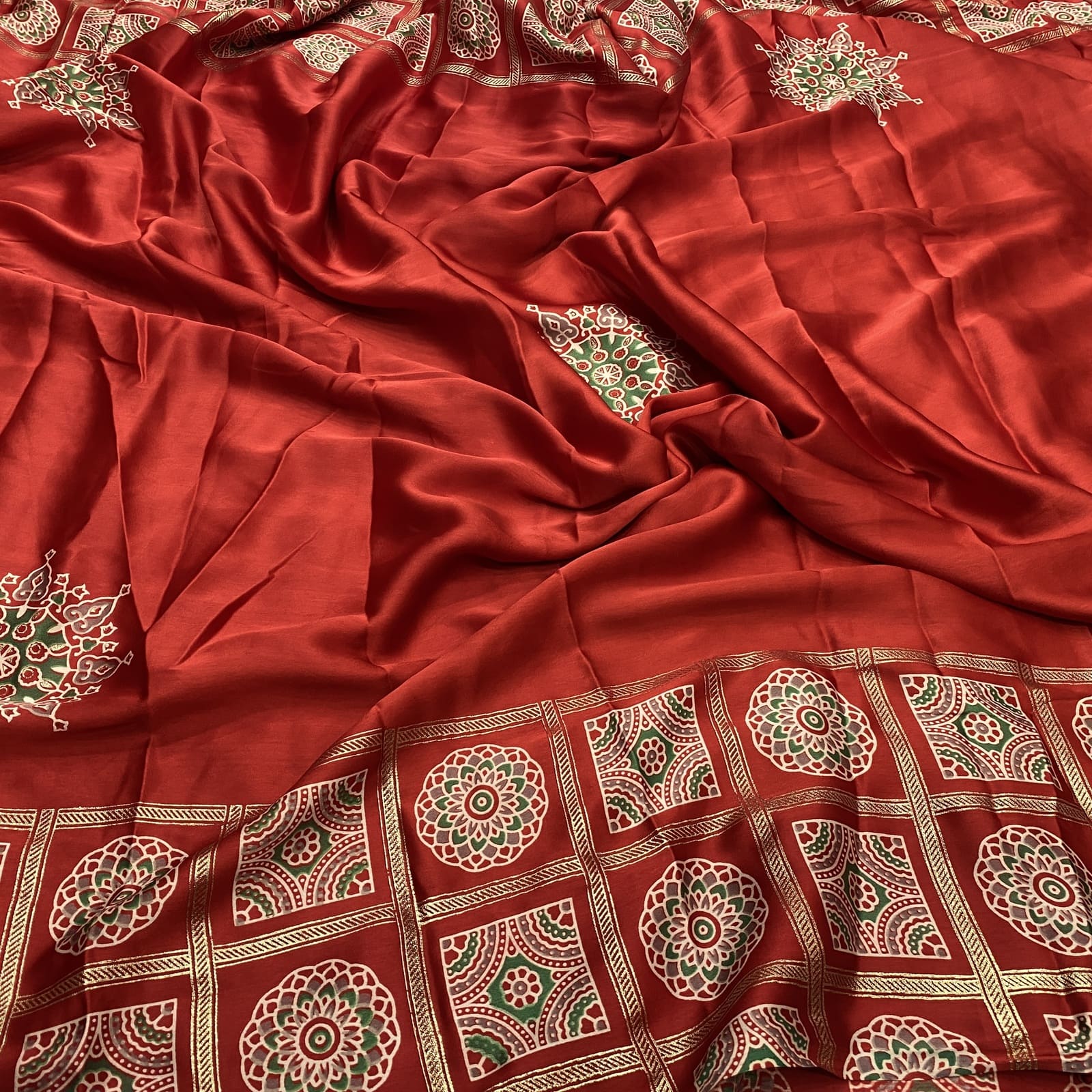 Model Satin Silk Foil Print Border Saree in Red