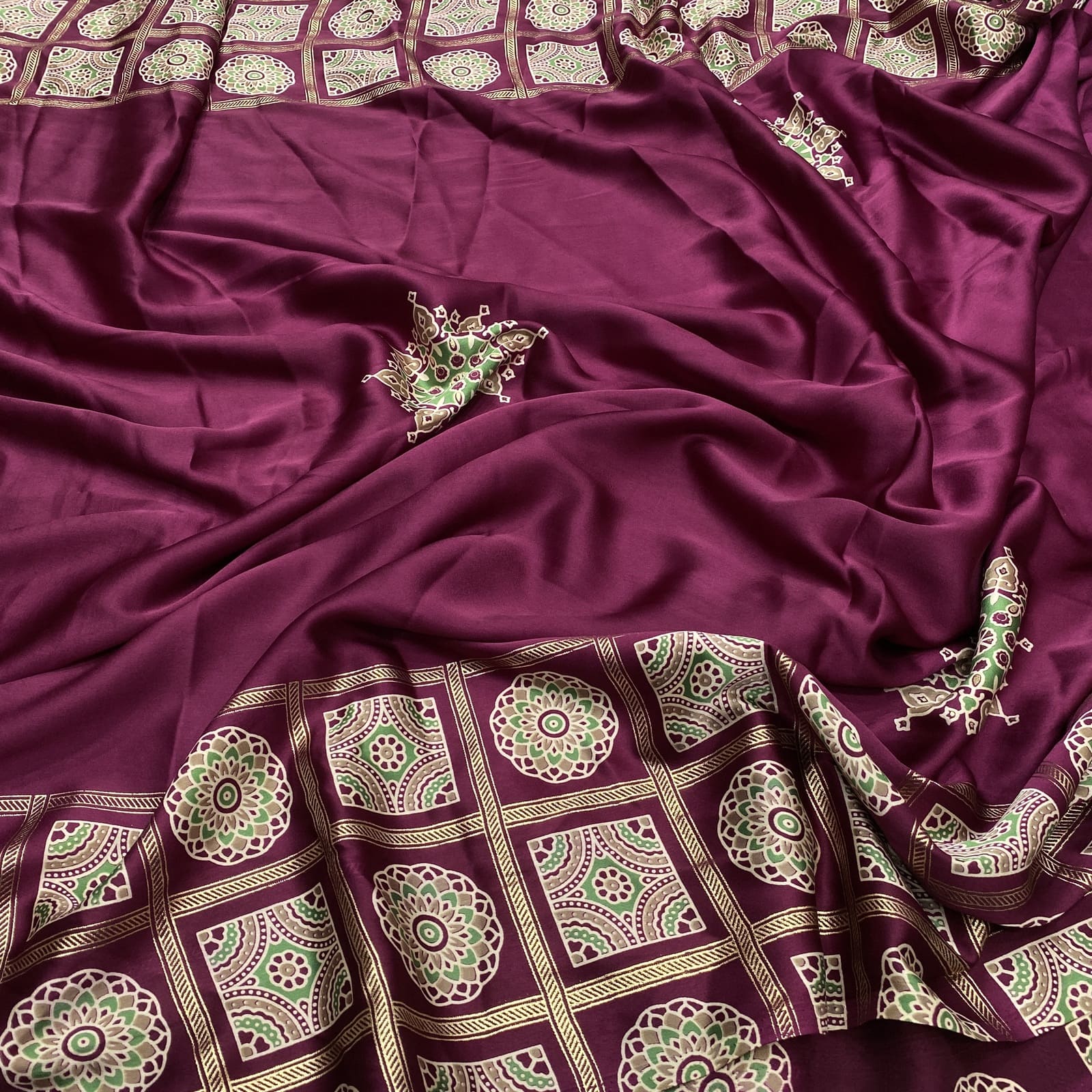 Model Satin Silk Foil Print Border Saree in Wine
