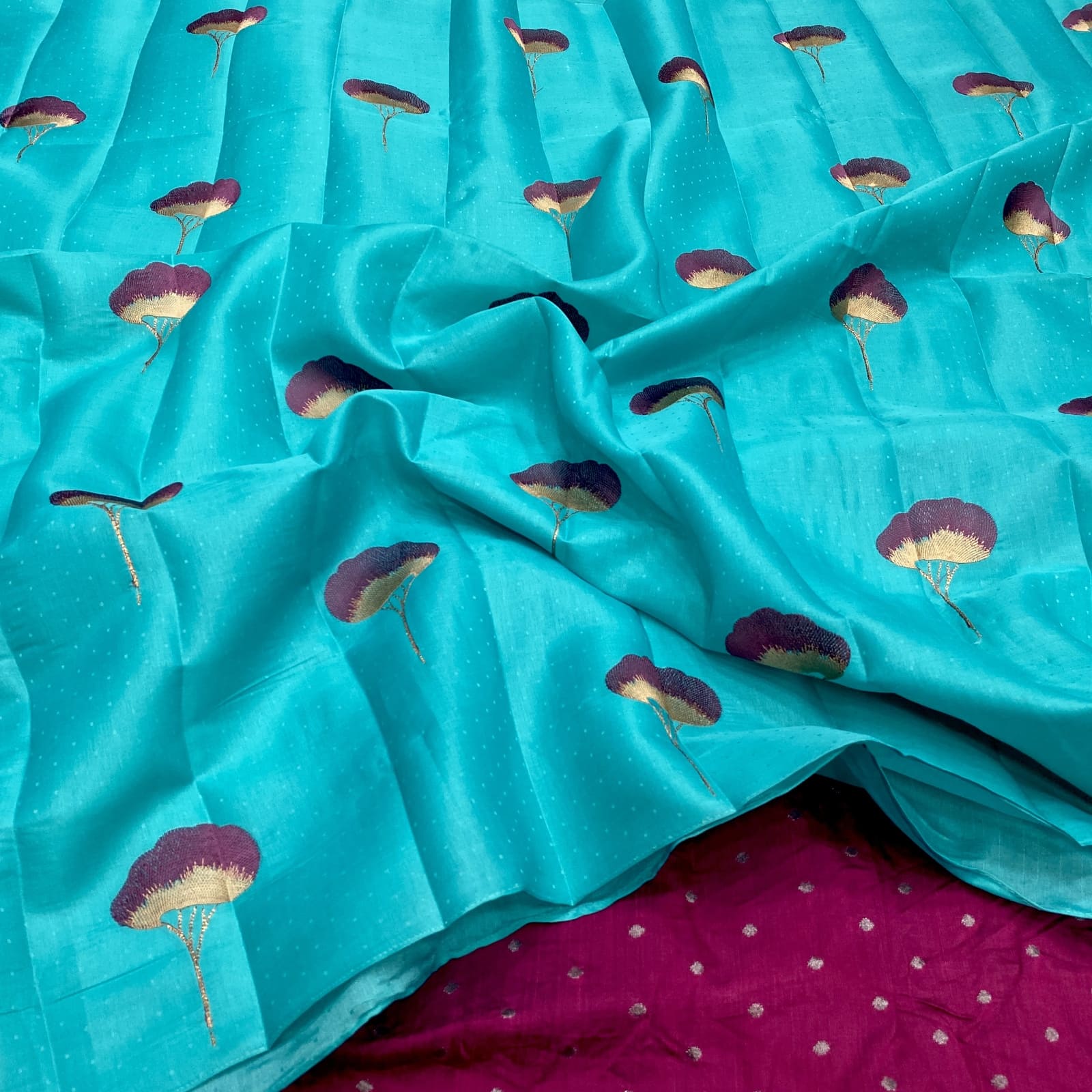 Mysore Tussar embroidery flower butta saree in Saffire color Body & Blouse