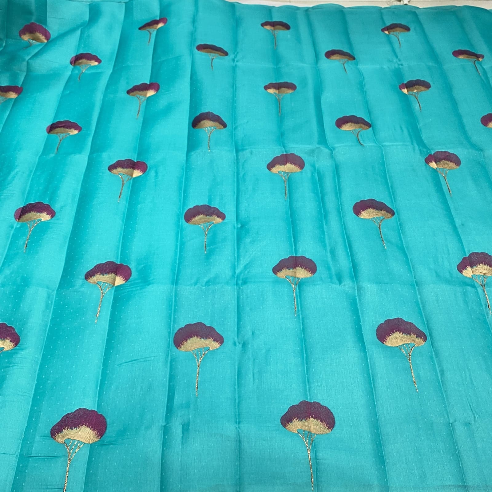 Mysore Tussar Embroidery Flower Butta Saree Saffire Body Full Open