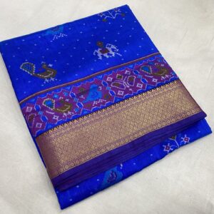 Pochampally Ikkat Saree in Royal Blue with Annam and Elephant Print Folded
