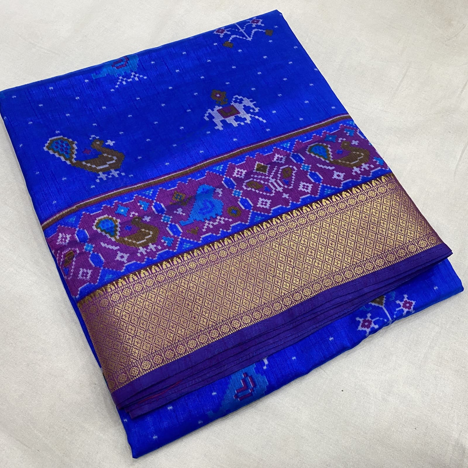 Pochampally Ikkat Saree in Royal Blue with Annam and Elephant Print Folded