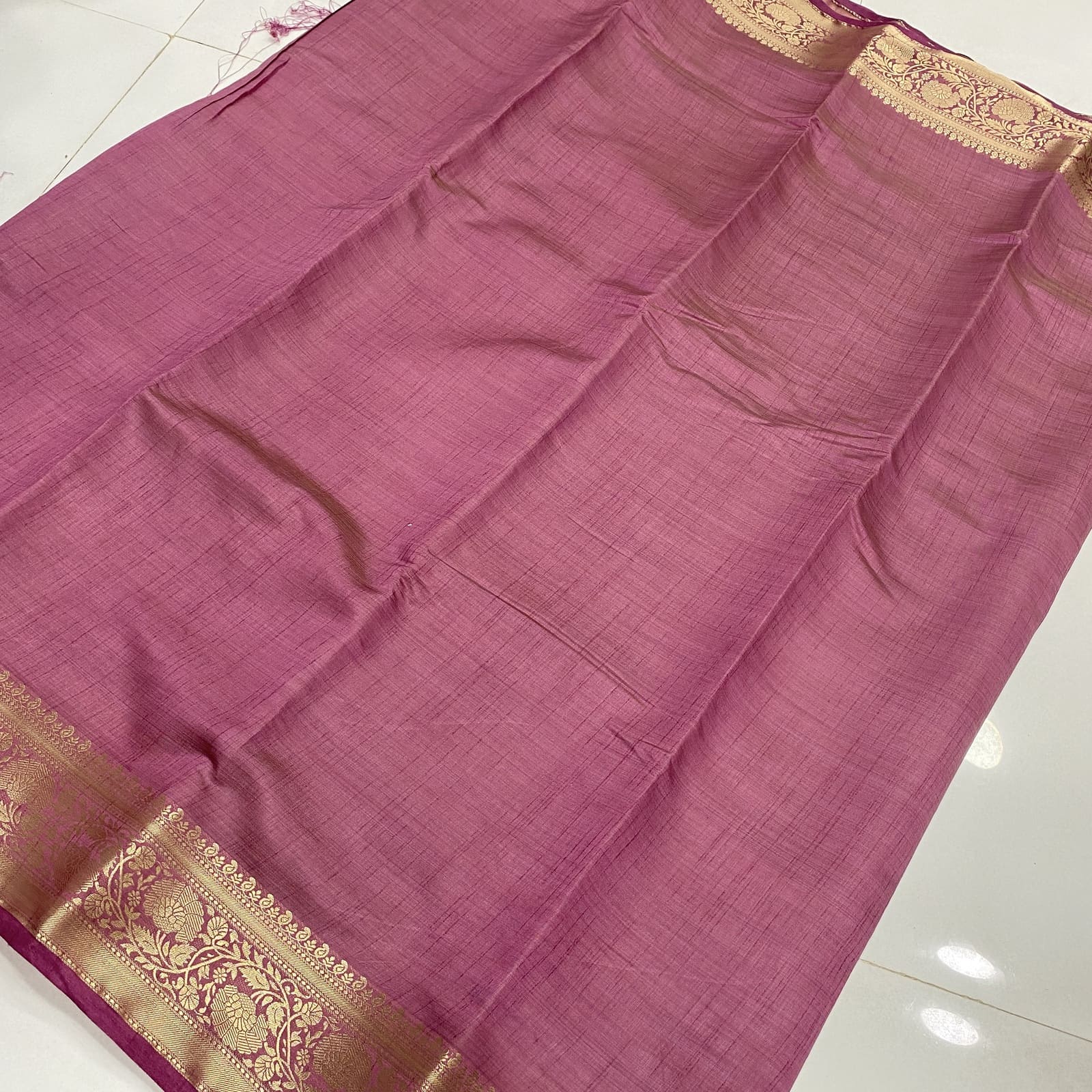 Raw Silk Saree in Dusty Rose Pink with Floral Zari Border