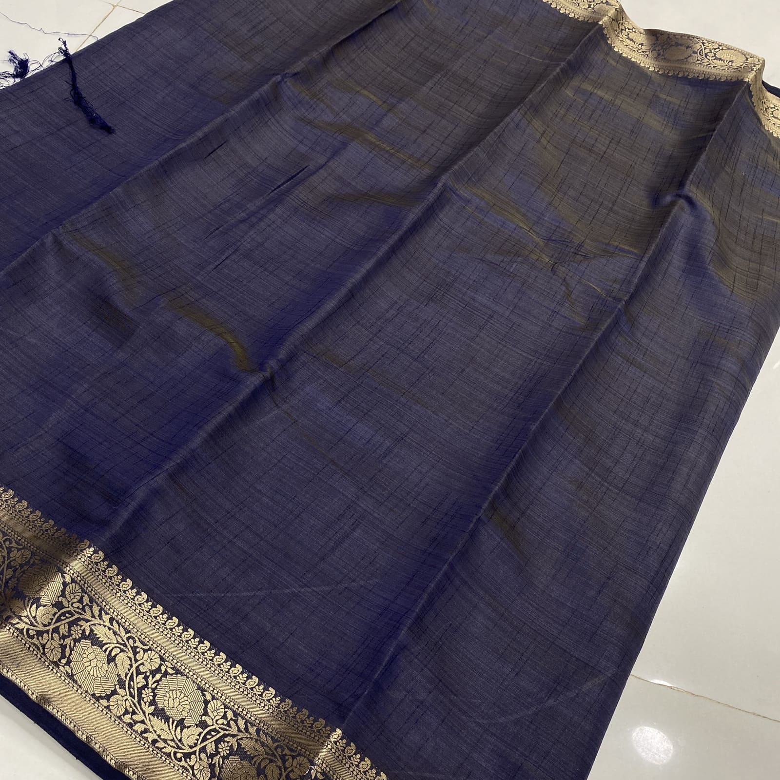 Raw Silk Saree in Navy Blue with Floral Zari Border