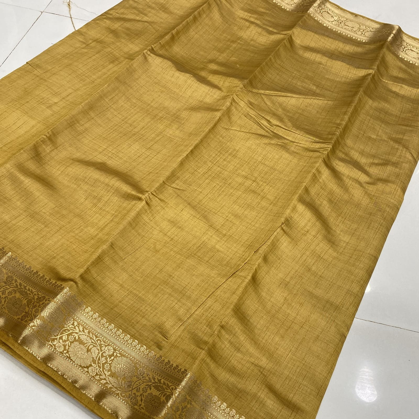 Raw Silk Saree in Sandal with Floral Zari Border