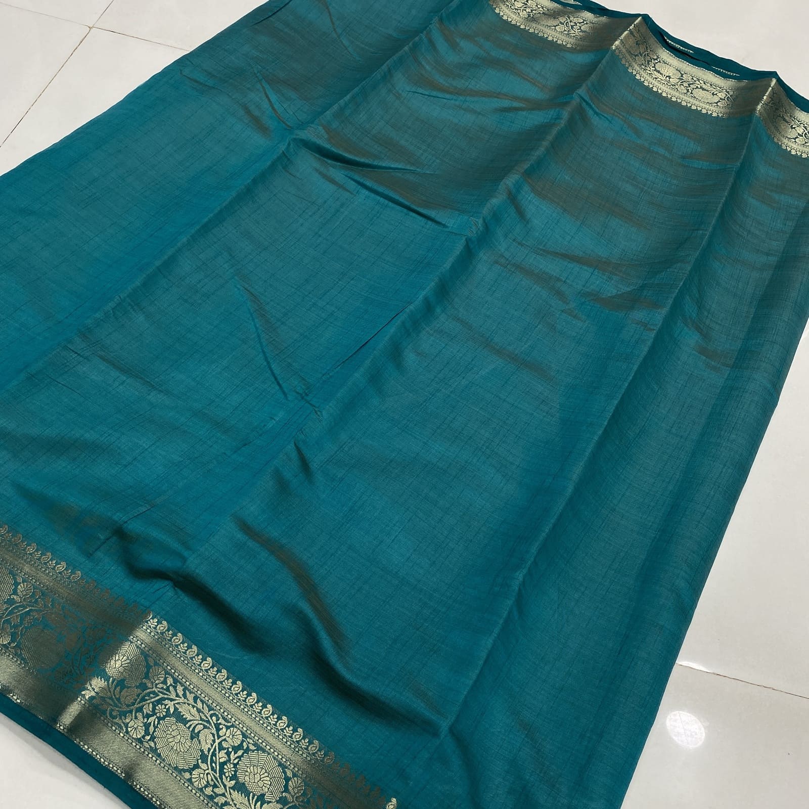 Raw Silk Saree in Teal with Floral Zari Border