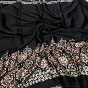Black satin finish print saree with ajrak design border
