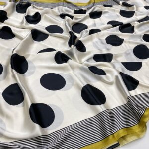 Satin finish saree in White with Black polka dot design