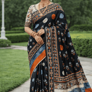 Black satin finish printed saree with rich border design and elegant all-over print Draped