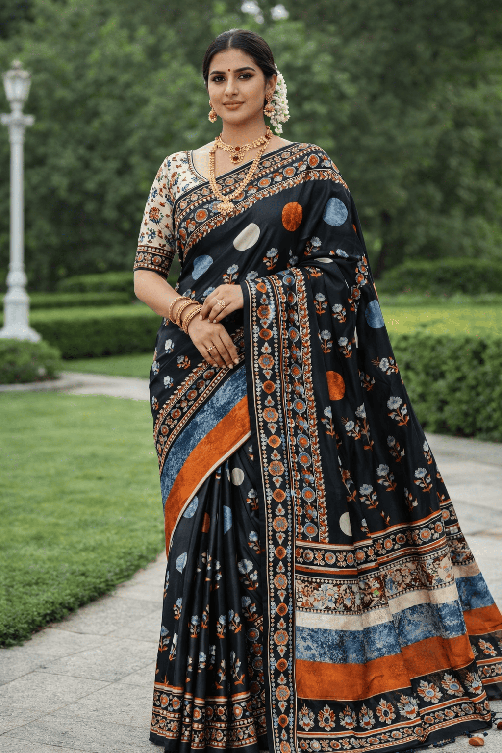 Black satin finish printed saree with rich border design and elegant all-over print Draped