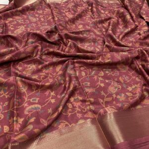 Semi Dola Silk Saree in Maroon with Leaf and Floral Print