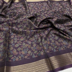 Semi Dola Silk saree in Wine with leaf and floral print
