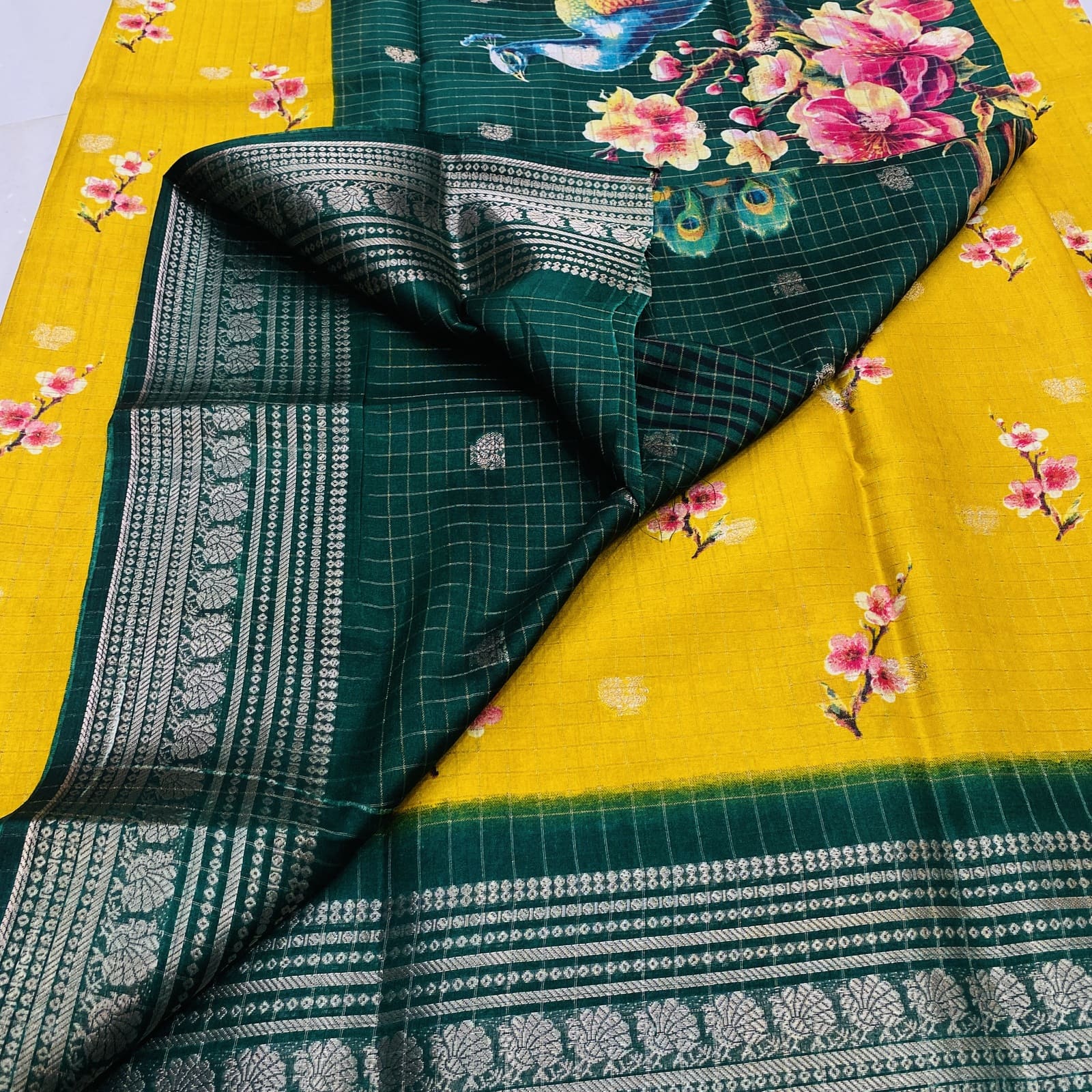 Semi Dola Silk chex butta contrast blouse in yellow and bottle green
