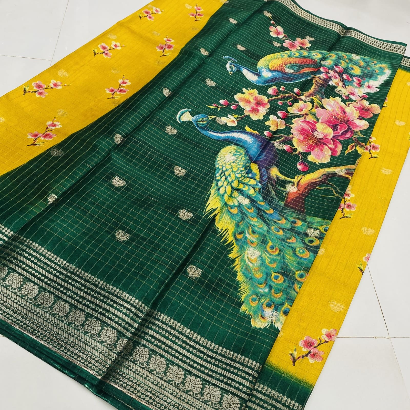 Semi Dola Silk saree peacock printed pallu in bottle green contrast
