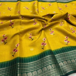 Semi Dola Silk yellow saree with floral butta print and bottle green zari contrast border
