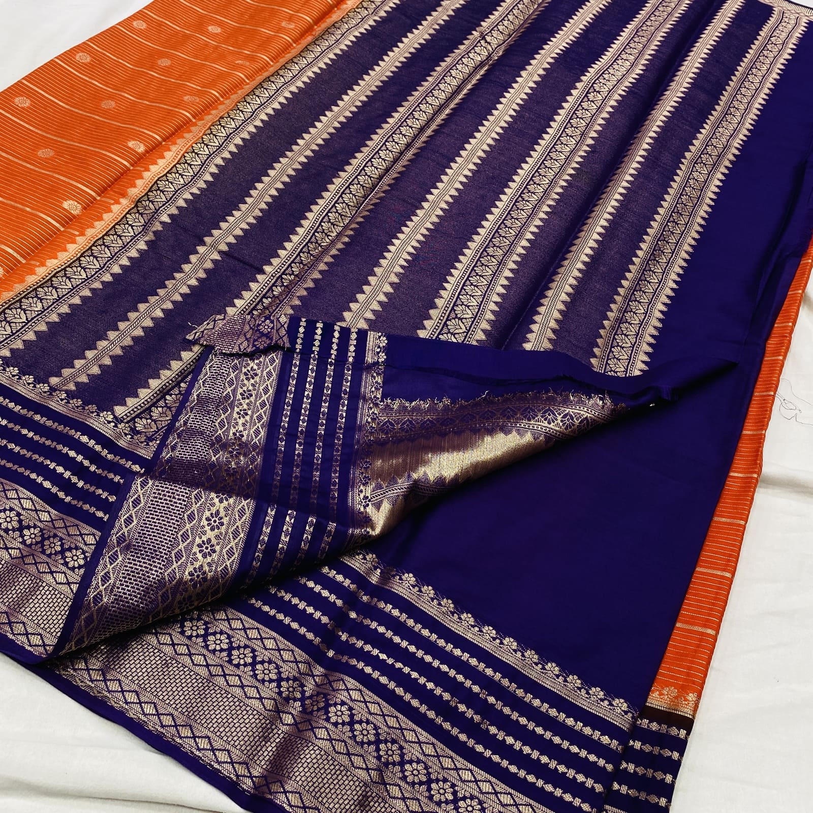 Orange with purple semi Mysore silk saree contrast chit pallu & blouse with zari detailing
