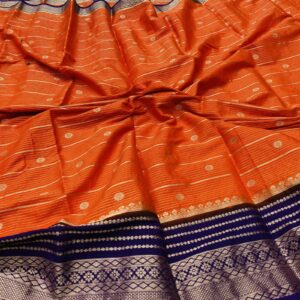 Orange with purple semi Mysore silk saree contrast chit pallu with zari detailing